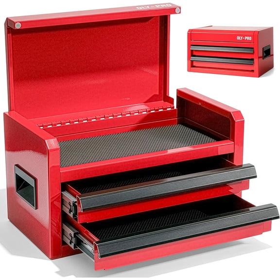 OLY-PRO Mini Toolbox with 2 Drawers and Top Storage, Durable Steel Construction with Ball-Bearing Slides, Multi-Purpose Portable Tool Boxes Case Organizer for Garage, Red