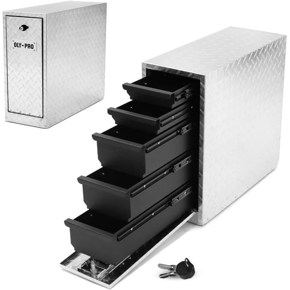 OLY-PRO Aluminum Truck Tool Box, Lockable Pickup Truck Bed Storage Box, Heavy Duty Narrow Truck Toolbox with 5 Drawer Slides, 20 x 18 x 8 in, Silver