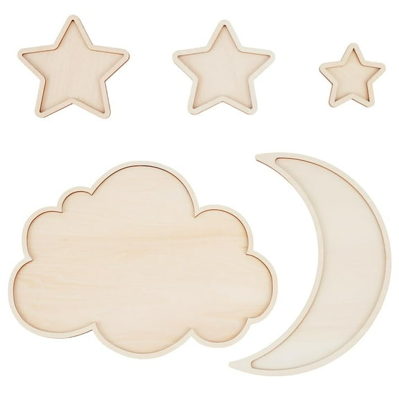 OLYCRAT 5pcs Sleeping Wooden Boho Nursery Decor Nursery Hang on Wall Sign Nursery Wall Decor Moon Stars and Cloud Celestial Nursery Decor DIY
