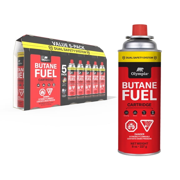 Olympia 5-pack 8 oz Butane Gas Cartridges for Portable Stoves and Heaters - Dual Safety System