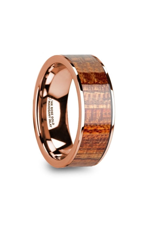 OLYMPIAS 14k Rose Gold & Mahogany Wood Inlaid Men’s Wedding Band with Polished Finish - 8mm