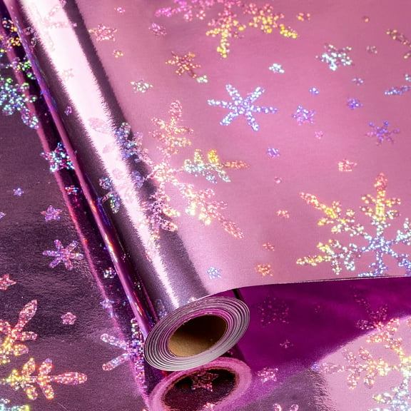 OM Christmas Wrapping Paper, Pink Snowflake Wrapping Paper, Elegant Holographic Sparkle Snowflake Christmas Gift Wrap for Winter Holiday Scrapbook Paper, Festive Decoration (17 Inch X 33 Feet)