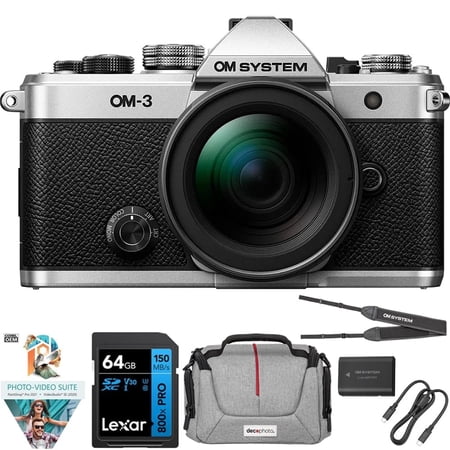 OM Digital Solutions OM-3 20MP Digital Camera with M.ZUIKO 12-45mm Lens, Silver Bundle with Lexar Premium PRO 64GB SDXC Memory Card + Deco Essentials Camera Bag + Corel Photo Video Suite
