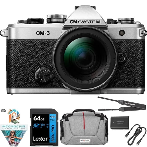 OM Digital Solutions OM-3 20MP Digital Camera with M.ZUIKO 12-45mm Lens, Silver Bundle with Lexar Premium PRO 64GB SDXC Memory Card + Deco Essentials Camera Bag + Corel Photo Video Suite