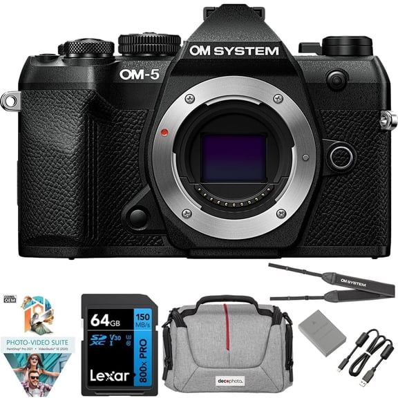 OM Digital Solutions OM-5 Mark II 20.4MP 4K Video Digital Camera Body, Black Bundle with Lexar Premium PRO 64GB SDXC Memory Card + Deco Essentials Camera Bag + Corel Photo Video Suite