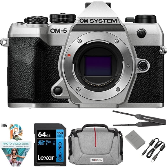 OM Digital Solutions OM-5 Mark II 20.4MP 4K Video Digital Camera Body, Silver Bundle with Lexar Premium PRO 64GB SDXC Memory Card + Deco Essentials Camera Bag + Corel Photo Video Suite