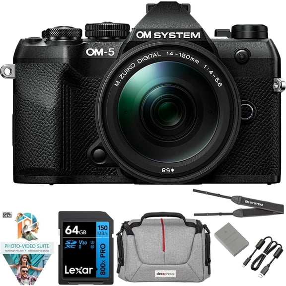 OM Systems OM-5 Mark II Camera with M.ZUIKO 14-150mm Lens, Black Bundle with Lexar Premium PRO 64GB SDXC Memory Card + Deco Essentials Camera Bag + Corel Photo Video Suite