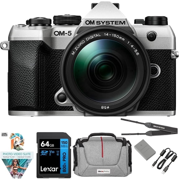 OM Systems OM-5 Mark II Camera with M.ZUIKO 14-150mm Lens, Silver Bundle with Lexar Premium PRO 64GB SDXC Memory Card + Deco Essentials Camera Bag + Corel Photo Video Suite