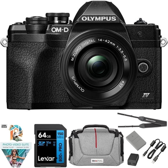 OM Digital Solutions OM-D E-M10 Mark IV 20MP Camera with M.Zuiko ED 14-42mm Lens Bundle with Lexar Premium PRO 64GB Memory Card + Deco Essentials Camera Bag + Corel Photo Video Suite