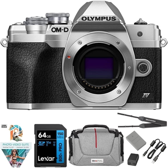 OM Digital Solutions OM-D E-M10 Mark IV 20MP Digital Camera Body, Silver Bundle with Lexar Premium PRO 64GB SDXC Memory Card + Deco Essentials Camera Bag + Corel Photo Video Suite