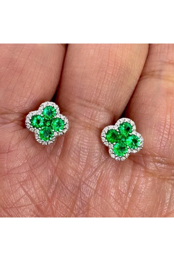 2.10Ct Round Cut Lab Created Emerald Halo Stud Earrings 14K White Gold Plated