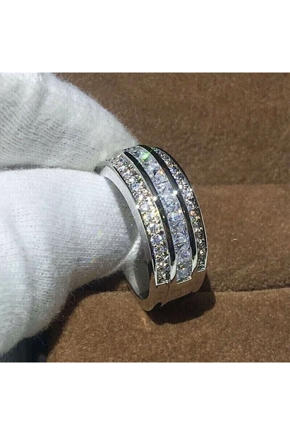 2.50Ct Princess Cut Real Moissanite Men's Anniversary Ring 14K White Gold Plated