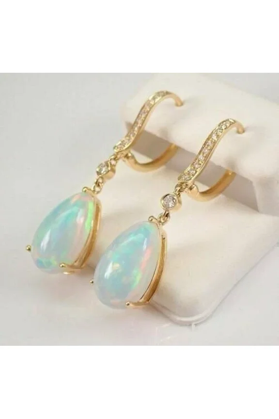3.00Ct Pear Cut Natural Fire Opal Drop/Dangle Earrings 14K Yellow Gold Plated