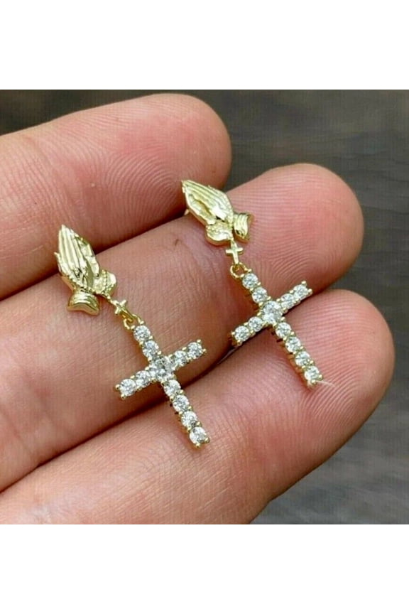 1.00Ct Moissanite Praying Hand Cross Dangle Women Earrings 14K Yellow Gold Plated