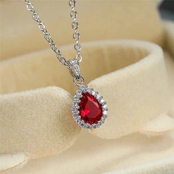 OM Jewels 1.50Ct Pear Cut Lab Created Red Ruby Teardrop Pendant 14K White Gold Plated Free Chain