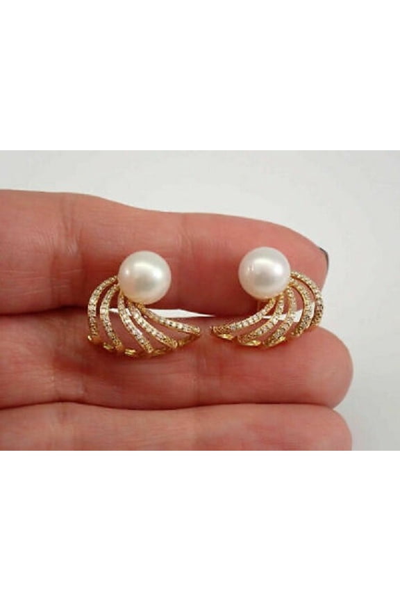 1.50Ct Round Cut White Pearl Climber Style Women Earrings 14K Yellow Gold Plated