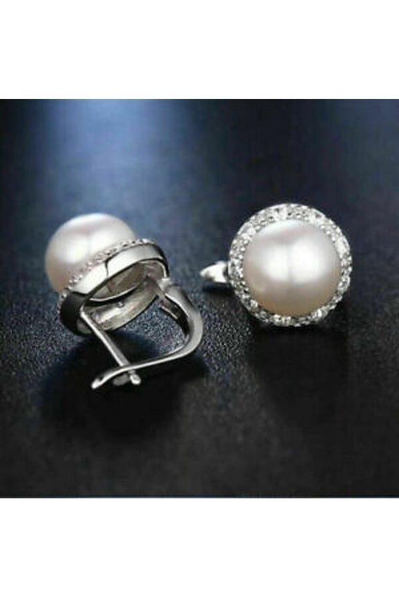 14K White Gold Plated 2.00Ct Round Cut Pearl Solitaire Antique Hoop Earring for Women