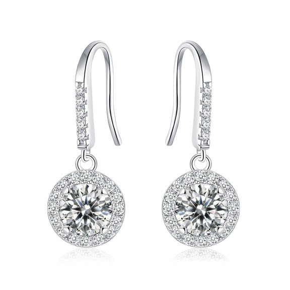 OM Jewels 14K White Gold Plated 2.30ct Moissanite Halo Hook Earring for Women