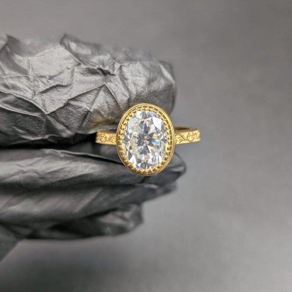 OM Jewels Oval Cut Moissanite Engagement Vintage Bezel Solitaire Ring 14k Yellow Gold Plated