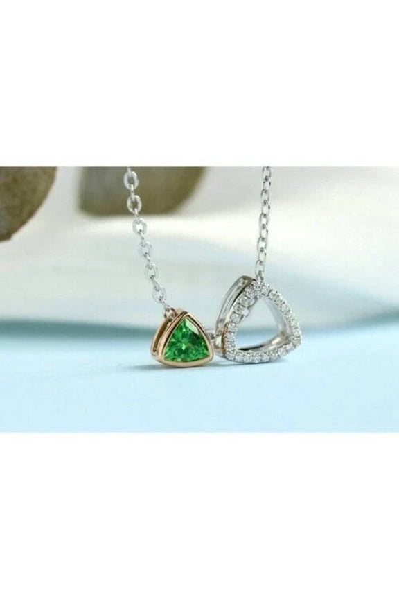 14K White Gold Plated 2Ct Halo Trillion Cut Lab Created Emerald Pendant Necklace