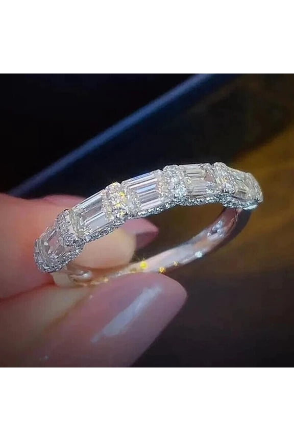 14K White Gold Plated 3.10Ct Moissanite Baguette Cut Eternity Wedding Band Ring