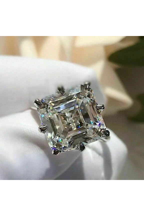 14K White Gold Plated 4Ct Asscher Cut Moissanite Solitaire Womens Engagement Ring