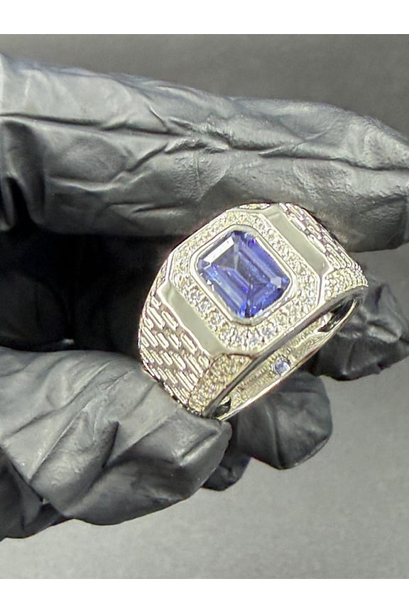 14K White Gold Plated Lab Created Tanzanite Emerald Cut Cluster Men's Enagement Ring