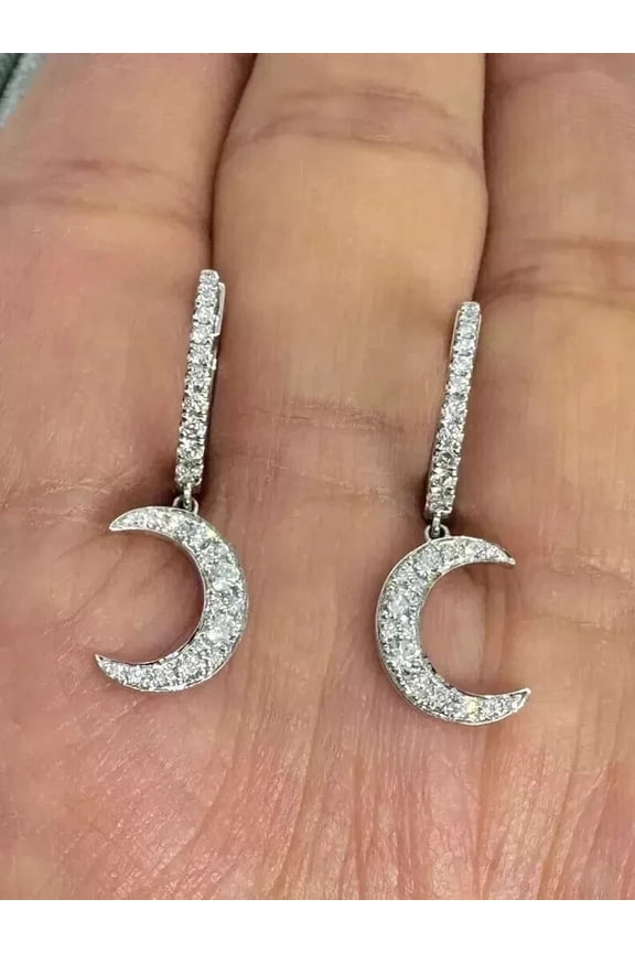 14K White Gold Plated Moissanite Cluster 2Ct Marquise Cut Moon Hoop Earrings