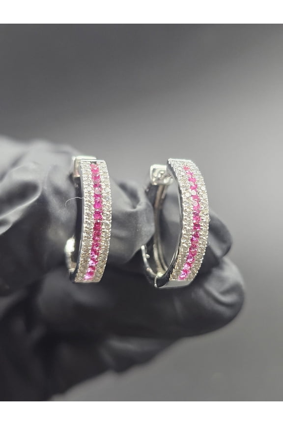 14K White Gold Plated Round Cut Lab Created Pink Ruby Delicate Hoop Women Earrings