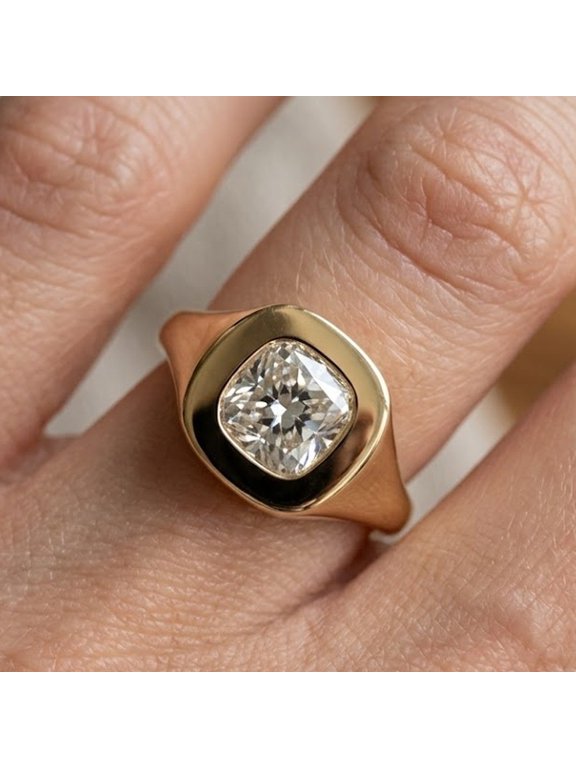 Women Cushion Cut Moissanite Signet Ring 14k Yellow Gold Plated Silver