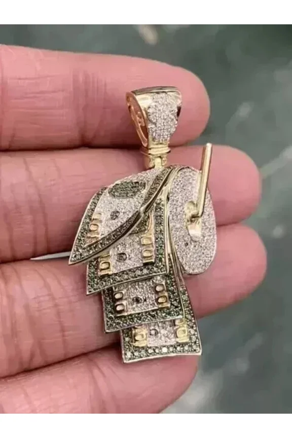 14K Yellow Gold Plated 2.50Ct Round Cut Cubic Zirconia Custom Roll Of Money Pendant