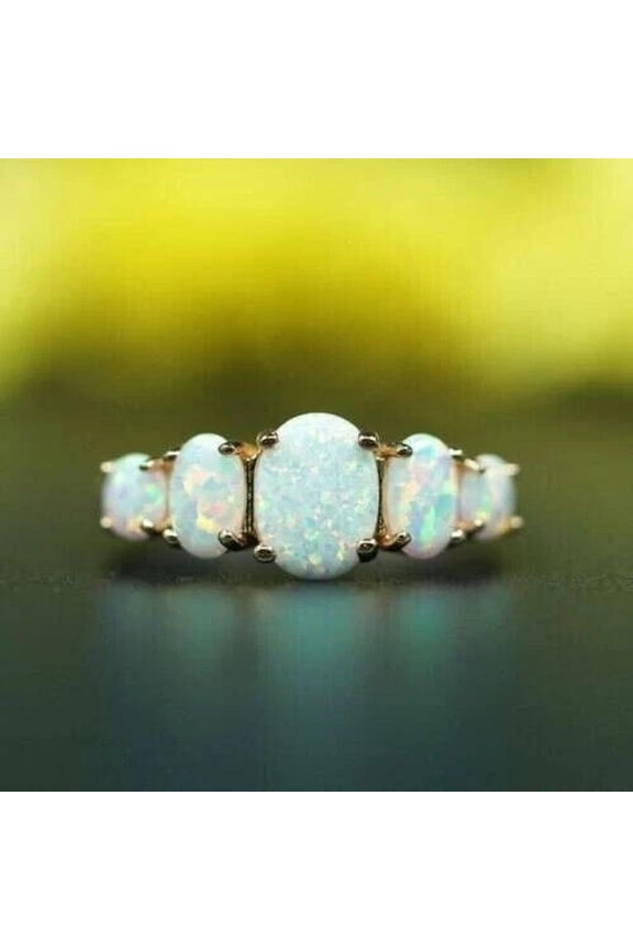 14K Yellow Gold Plated 2.80Ct Oval Cut Lab Created Fire Opal Five Stone Women's Ring