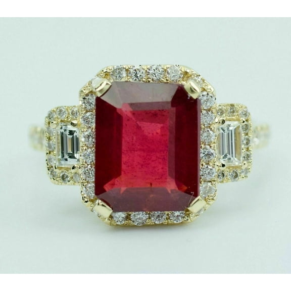 OM Jewels 14K Yellow Gold Plated 2Ct Lab Created Radiant Red Ruby Women's Wedding Ring