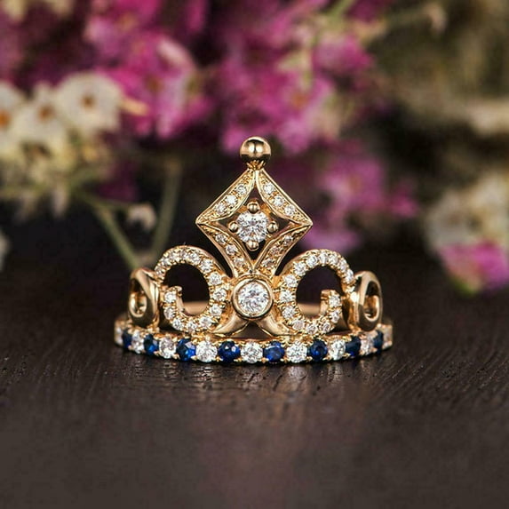 OM Jewels 14K Yellow Gold Plated Crown Shape Band Women's Ring in 2Ct Lab Created Sapphire
