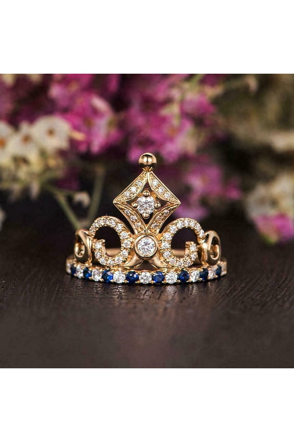 14K Yellow Gold Plated Crown Shape Band Women's Ring in 2Ct Lab Created Sapphire