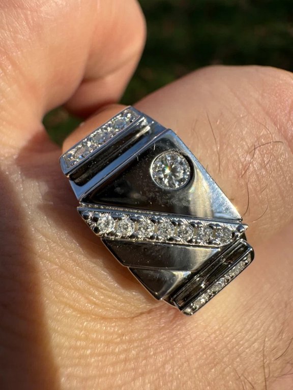 Moissanite Statement Ring for Men 14k White Gold Plated
