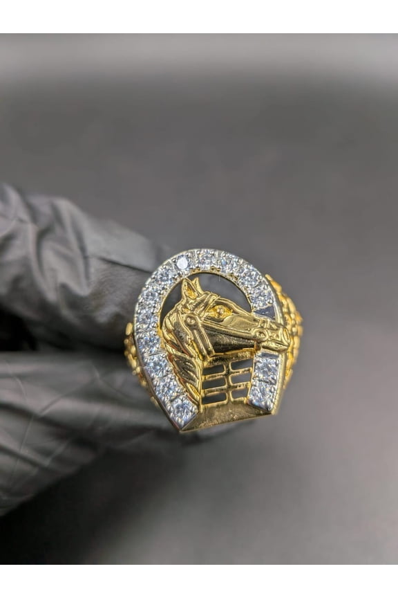 14k Yellow Gold Plated Moissanite 2ct Round Cut Horse Head Ring for Men