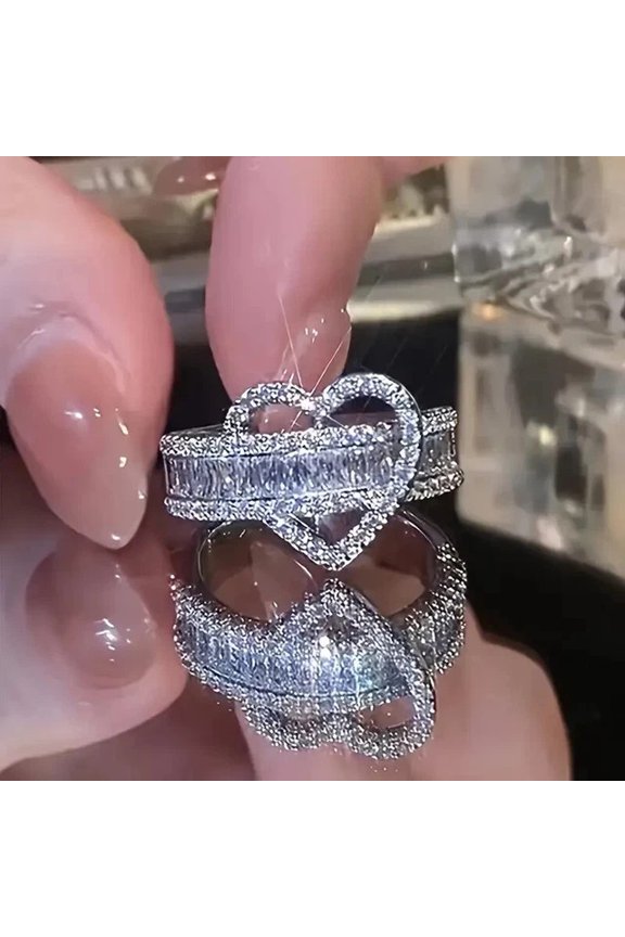 Baguette Cut Cubic Zirconia Women's Heart Band Ring 14K White Gold Plated