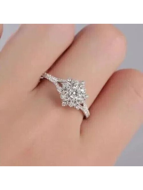 2 Ct Round Cut Moissanite Cluster Snowflake Wedding Rings 14K White Gold Plated