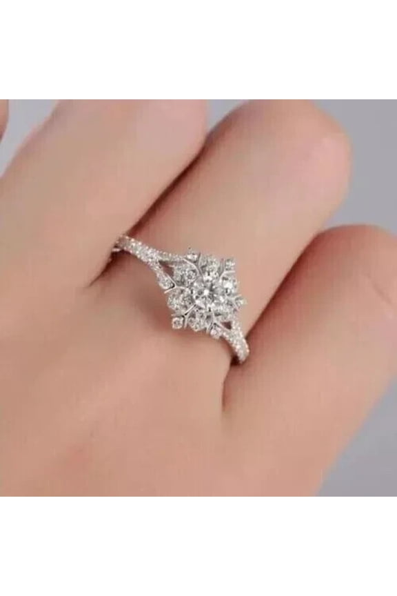 2 Ct Round Cut Moissanite Cluster Snowflake Wedding Rings 14K White Gold Plated