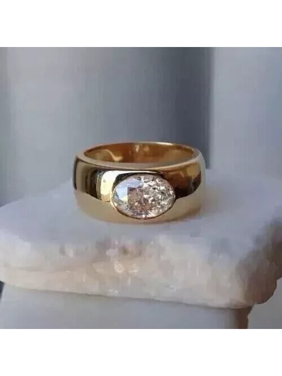 2ct Moissanite Oval Solitaire Signet Ring 14k Yellow Gold Plated with Bezel-Set for Men