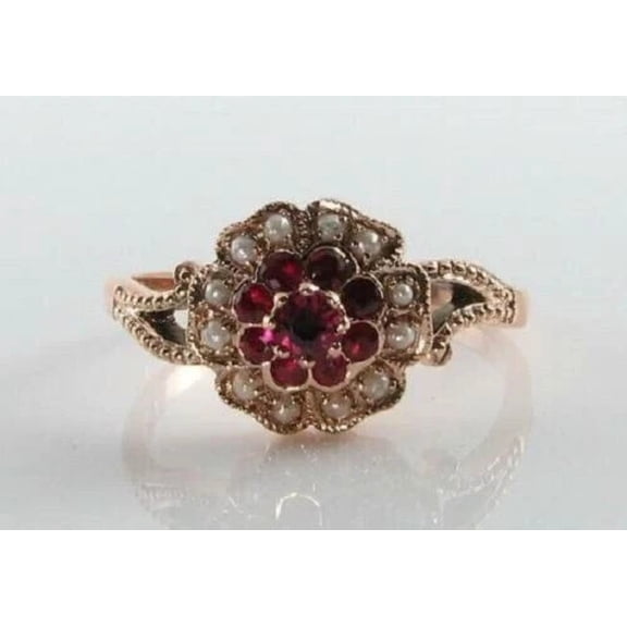 OM Jewels 2Ct Lab Created Ruby Round Cut Women Flower Wedding Ring 14K Rose Gold Plated