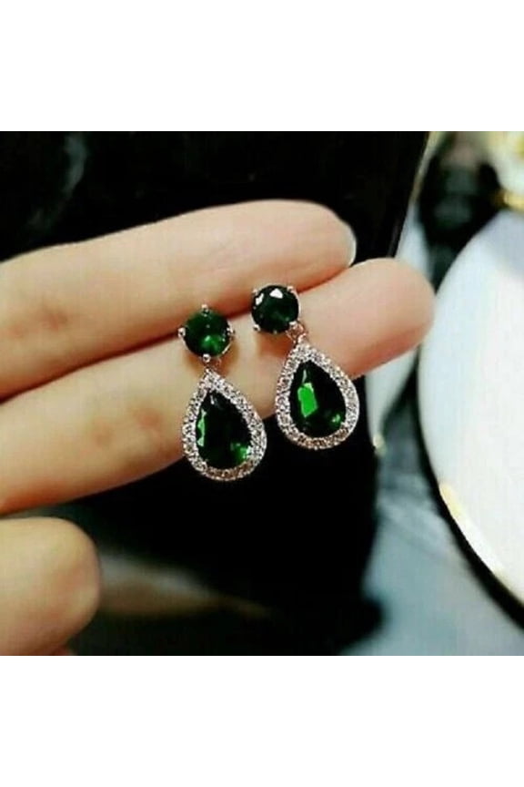 3Ct Lab Created Green Emerald Women Halo Flawless Drop Earrings 14K White Gold Plated