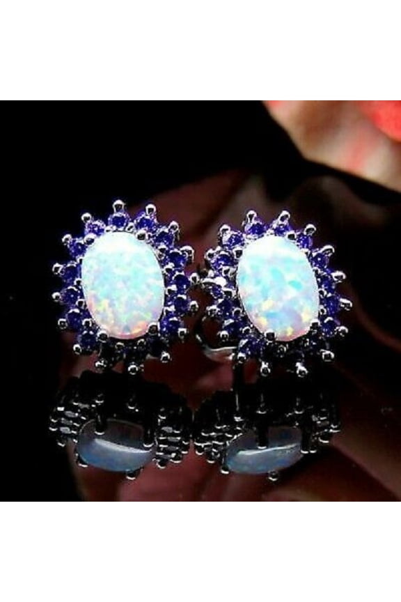 3Ct Oval Cut Lab Created Opal Snowflake Stud Earrings 14K White Gold Plated