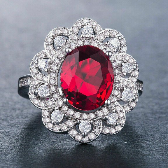 OM Jewels 3Ct Oval Cut Lab Created Ruby Halo Womens Flower Ring 14K White Gold Plated