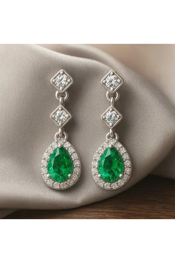 3Ct Pear Cut Lab Created Green Emerald 14K White Gold Plated Women's Drop Earrings