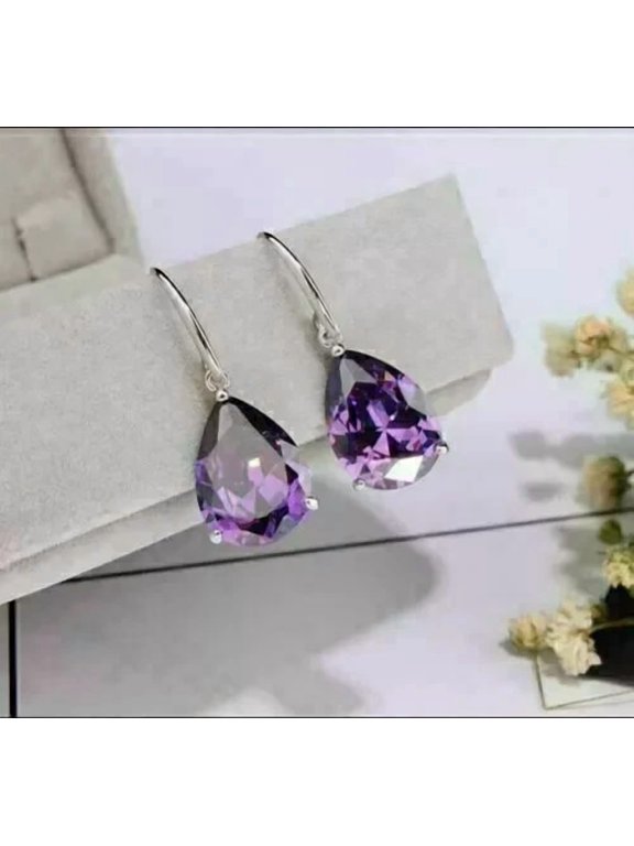 3Ct Pear Cut Solitaire Lab Created Amethyst Dangle Hook Earring 14K White Gold Plated