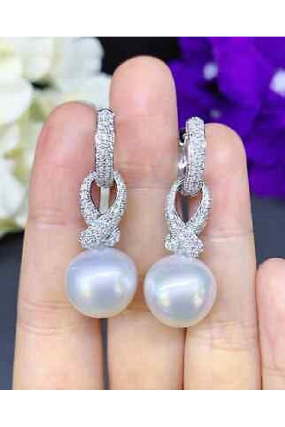 3Ct Round Cut Pearl Twisted Drop/Dangle Earrings for Women 14K White Gold Plated