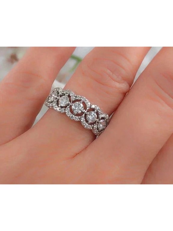 14k White Gold Plated Vintage Halo Moissanite Eternity Ring for Women