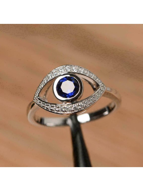 Evil Eye Engagement Ring in 2Ct Round Cut Lab Created Sapphire 14K White Gold Plated